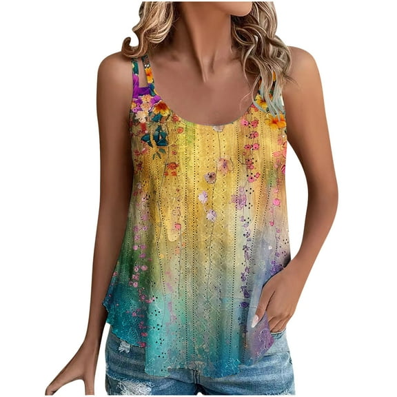 Women Sleeveless Pleated Tanks Spaghetti Strap Vest Vintage Floral Camisole Loose Eyelet Tank Top