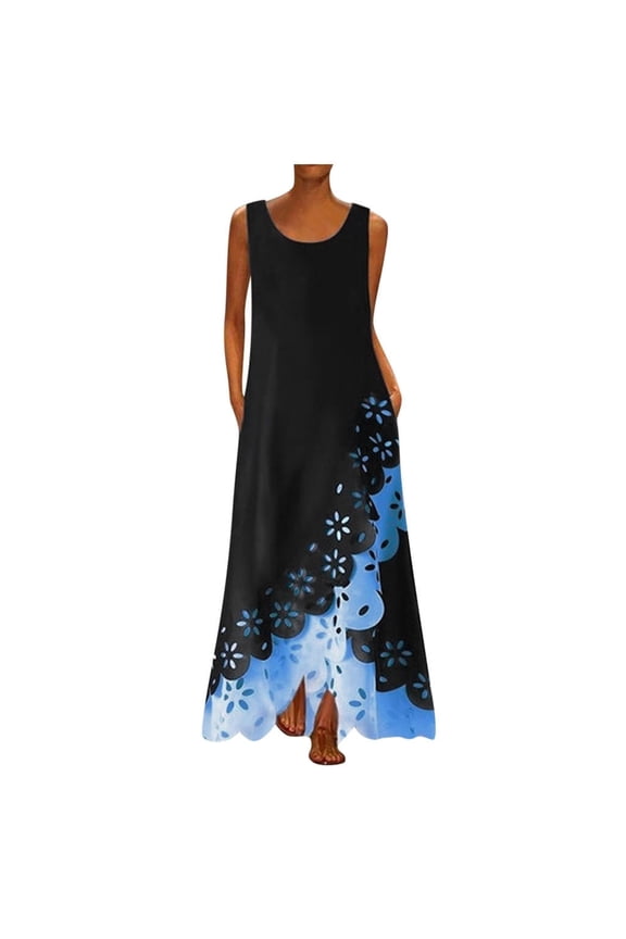 VANLOFE Women Sleeveless Print Round Neck Long Maxi Dress Beach Shirt Dress