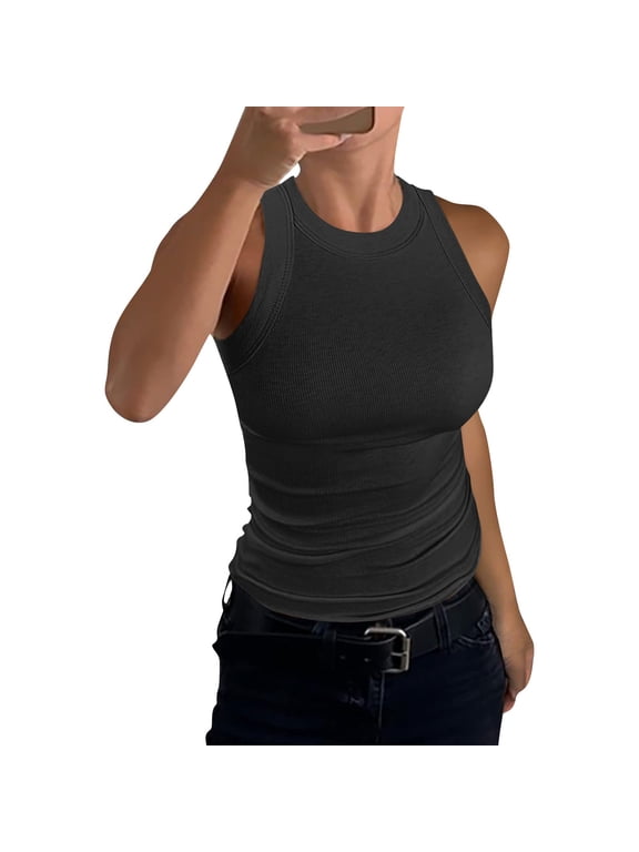 Women Sleeveless Ribbed Knit Tank Top Crew Neck Fitted Basic Casual Stretchy Pullover Shirt Lightweight Summer Wear Black L
