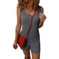 thumbnail image 1 of Women Sleeveless Ribbed Romper Shorts Loose Fit Button Up Tank Top Casual Jumpsuits with Pockets Dark Gray XL, 1 of 8
