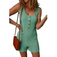 thumbnail image 1 of Women Sleeveless Ribbed Romper Shorts Loose Fit Button Up Tank Top Casual Jumpsuits with Pockets Grass Green S, 1 of 8