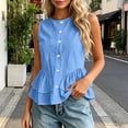 thumbnail image 1 of Women Sleeveless Round Neck Button Down Ruffle Peplum Blouse Casual Solid Color Top, 1 of 7