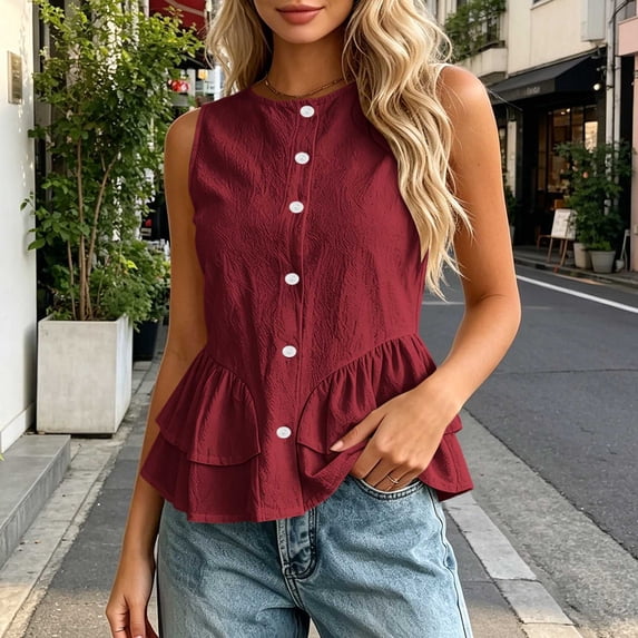 Women Sleeveless Round Neck Button Down Ruffle Peplum Blouse Casual Solid Color Top