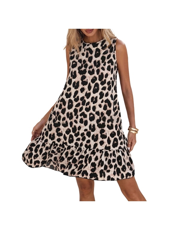 Women Sleeveless Round Neck Tie Back Short Tanks Dress Elegant Leopards Print Casual Loose A Line Ruffle Sundresses