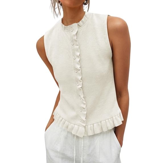 Women Sleeveless Ruffle Knit Cardigan Vest Button Down Cropped Tank Top