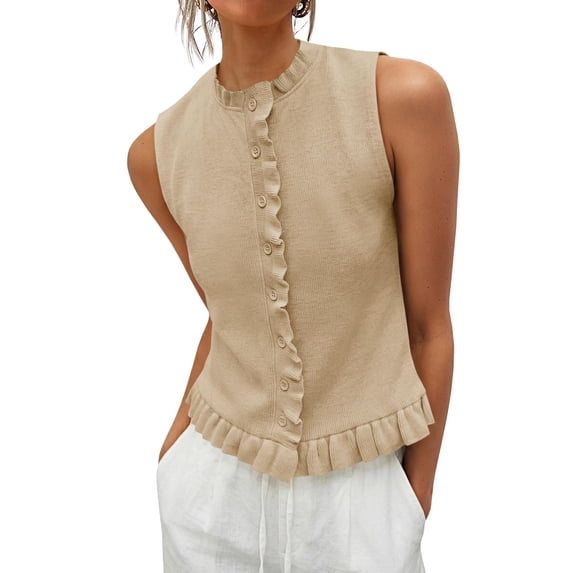 Women Sleeveless Ruffle Knit Cardigan Vest Button Down Cropped Tank Top