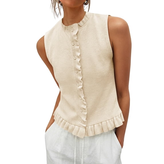 Women Sleeveless Ruffle Knit Cardigan Vest Button Down Cropped Tank Top