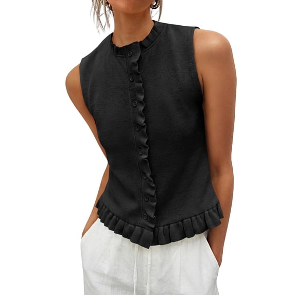 Women Sleeveless Ruffle Knit Cardigan Vest Button Down Cropped Tank Top