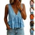 thumbnail image 1 of Women Sleeveless Ruffle Tank Tops Cotton Linen Pleated Peplum Vest Top Flowy Cropped Shirt Cute Summer Clothes,Light Blue XXL, 1 of 6