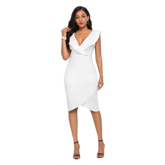 Women Sleeveless Ruffled Sexy Deep V-Neck Bodycon Midi Pencil Dress Solid High Waist Ruched Split Wrap Cocktail Clubwear