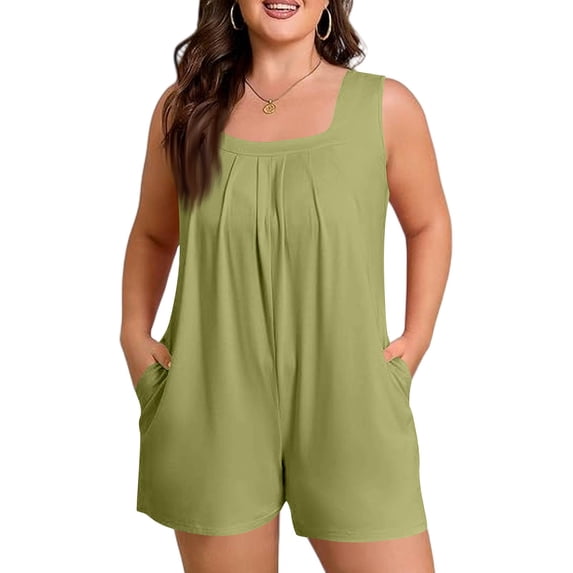 Women Sleeveless Scoop Neck Loose Fit Romper with Pockets Casual Summer Outfit