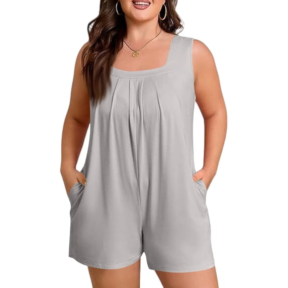 Women Sleeveless Scoop Neck Loose Fit Romper with Pockets Casual Summer Outfit