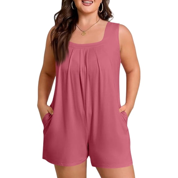 Women Sleeveless Scoop Neck Loose Fit Romper with Pockets Casual Summer Outfit