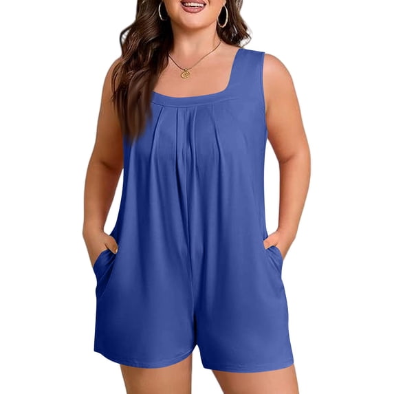 Women Sleeveless Scoop Neck Loose Fit Romper with Pockets Casual Summer Outfit