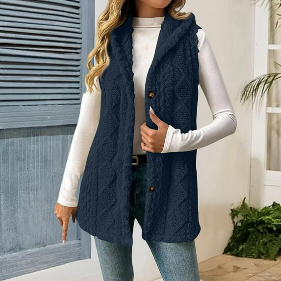 Women Sleeveless Sherpa Jacket Long Button Down Hooded Jackets Soft Comfy Fuzzy Sweater Vests Outerwear Navy 2XL