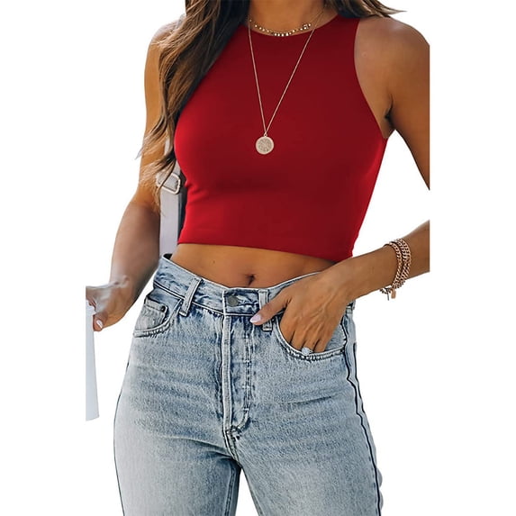 Women Sleeveless Short Tank Tops O-Neck Solid Color Vest Tanks Fashion White Solid Skinny Crop Top