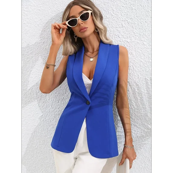 Women Sleeveless Single Button Women Blazer Jacket Vest Solid Color Coat