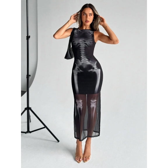 Women Sleeveless Skeleton Print Midi Dress, Bodycon Sheer Hem Slim Fit Night Out Party Outfit