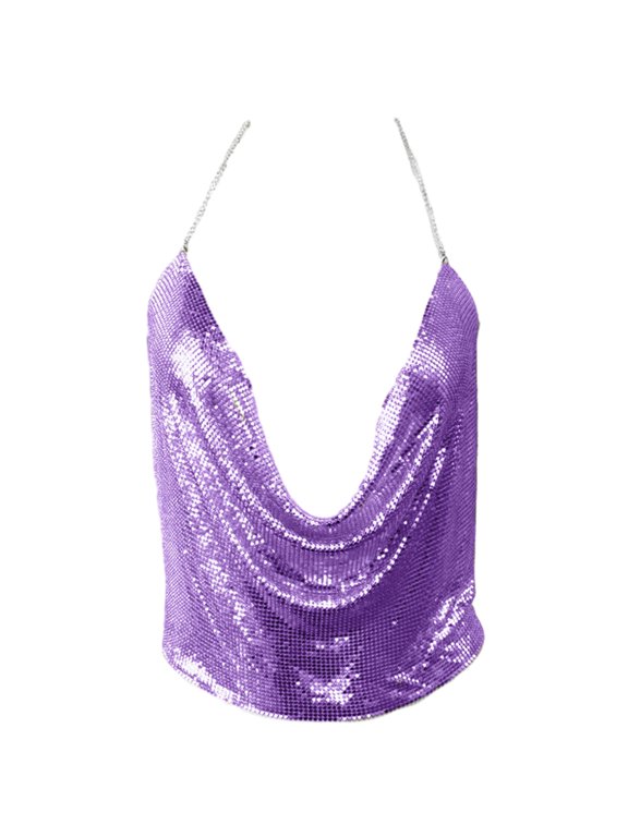 Women Sleeveless Sparkly Metallic Sequins Crop Top Party Club Chain Drape Deep V-Neck Backless Camisole Vest