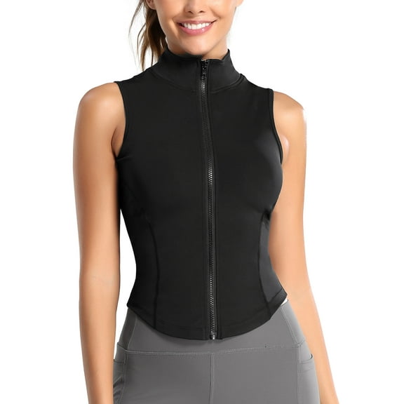 Women Sleeveless Sports Tank Top Shirts Full Zip Up Tshirt for Yoga Running Fitness Exercise Black M