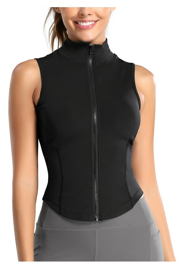 Women Sleeveless Sports Tank Top Shirts Full Zip Up Tshirt for Yoga Running Fitness Exercise Black M
