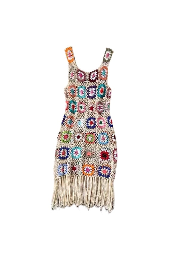 Women Sleeveless Square Neck Crocheted Flower A Line Short Dress Hollowed Knitted Tassels Beach Vacation Cover Up Dress