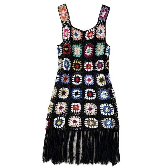 Women Sleeveless Square Neck Crocheted Flower A Line Short Dress Hollowed Knitted Tassels Beach Vacation Cover Up Dress