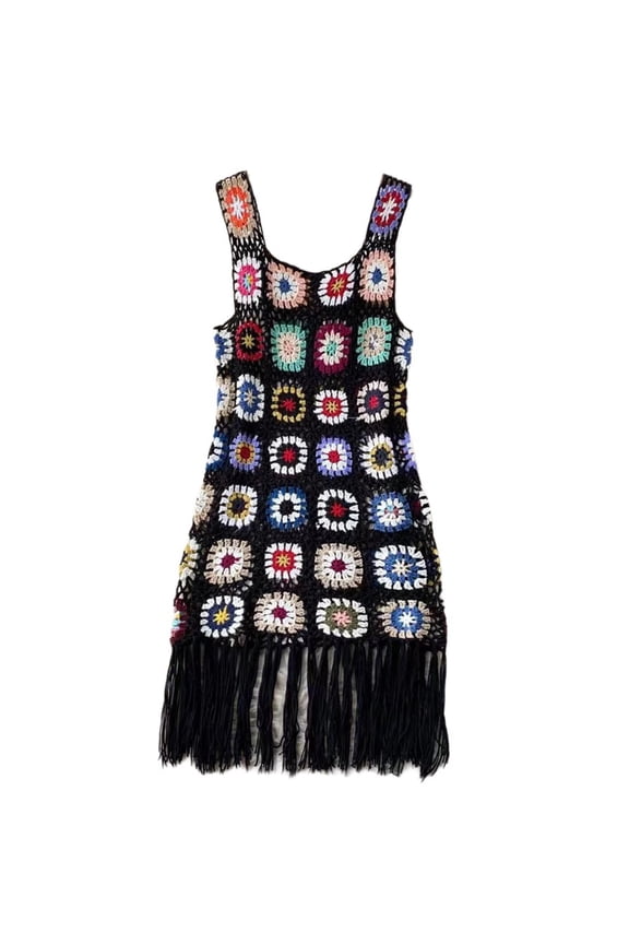 Women Sleeveless Square Neck Crocheted Flower A Line Short Dress Hollowed Knitted Tassels Beach Vacation Cover Up Dress