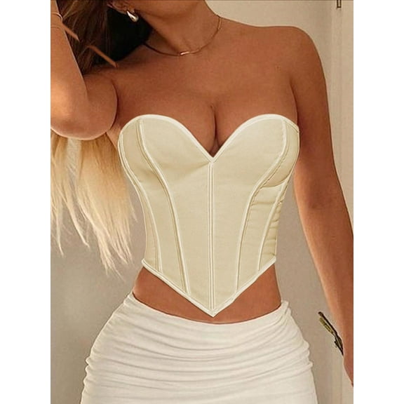 Women Sleeveless Strapless Lace-Up Backless Overbust Corset Top