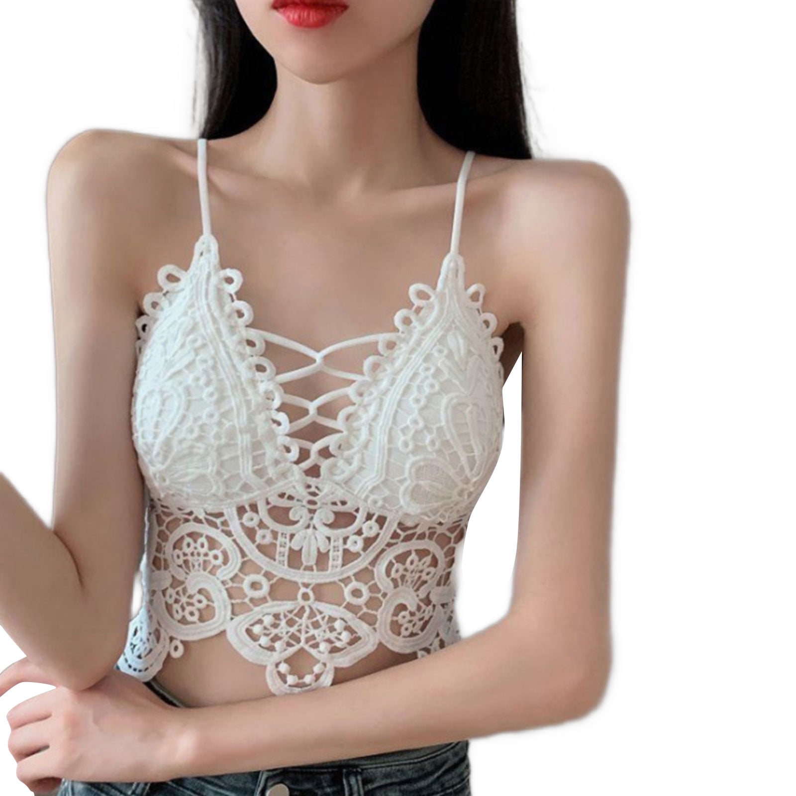 Women Sleeveless Strappy Bra Crop Top Hollow Out Crochet Lace Camisole  Bralette Sexy V-Neck Backless Padded Mini Vest 