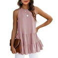 Women Sleeveless T Shirt Round Collar Ruffle Hem Loose Type Pure Color