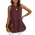 thumbnail image 1 of Women Sleeveless T Shirt Round Collar Ruffle Hem Loose Type Pure Color Summer Top for Daily Wear Purple Khaki, 1 of 6