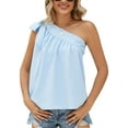 thumbnail image 1 of Women Sleeveless T Shirt Single Shoulder Strap Bow Tie Loose Fitting Summer Casual Top Blue XXL, 1 of 6