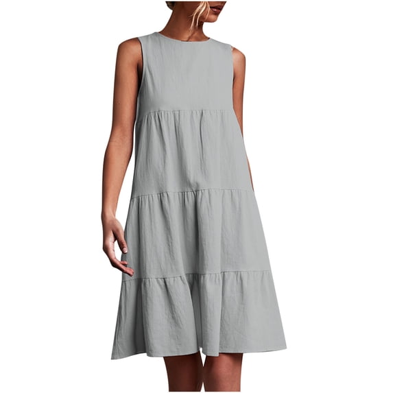 Women Sleeveless Tank Dress Crew Neck Tiered Sundress Solid Color Summer Flare Loose Flowy Party Beach Mini Dress