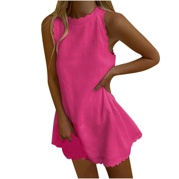Women Sleeveless Tank Dress Halter Scallop 2025 Summer Dresses Back Zipper Linen Casual Beach Sundress