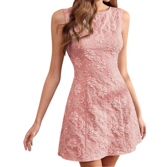 Women Sleeveless Tank Dress Round Neck Casual Jacquard Smock Summer Mini Dresses Pink M