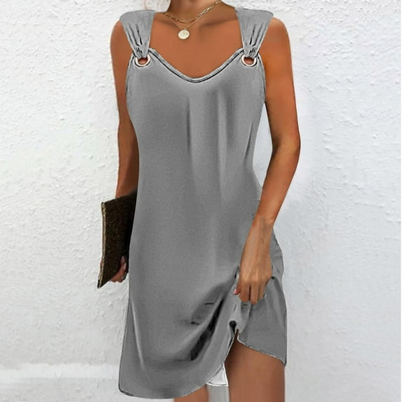 Women Sleeveless Tank Dress Solid Casual Mini Dress Summer Beach Dress Sundress Gray XXL