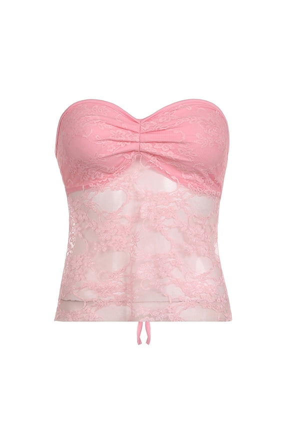 Women Sleeveless Tie Back Backless Bodycon Crop Tube Top Strapless Ruched Chest Sheer Lace Stitched Bandeau Camisole