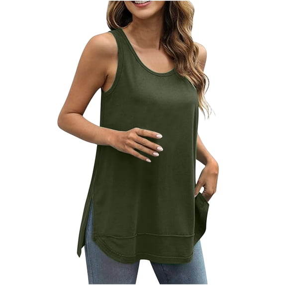 Women Sleeveless Top, Loose Scoop Neck Plain Tank Tops Beach Vest Casual Soft Longline Vest Tops Tunics for Leggings Comfy Summer Basic Vests Cami Tops Side Split Flowy