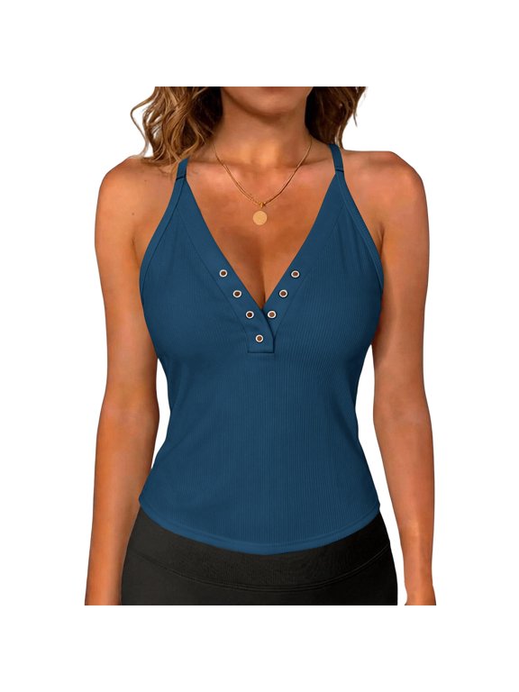Women Sleeveless V Neck Button Front Casual Tank Top Solid Color Simple Design for Layering or Standalone Wear