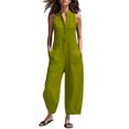 thumbnail image 1 of Women Sleeveless V Neck Button Front Linen Cotton Jumpsuit, Side Pockets Loose Cropped Jogger Long Jumpsuit Army Green L(L), 1 of 6