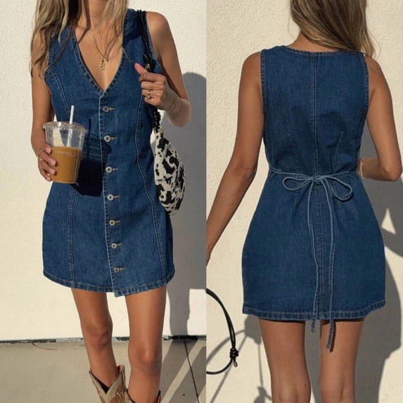 Women Sleeveless V Neck Denim Mini Dress Button Front Tie‑Waist Dress for Summer Daily Outing