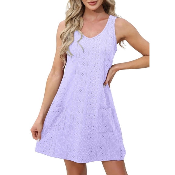 Women Sleeveless V Neck Eyelet Beach Sun Dress Casual Summer Short Swing Dresses with Pockets Pink XL