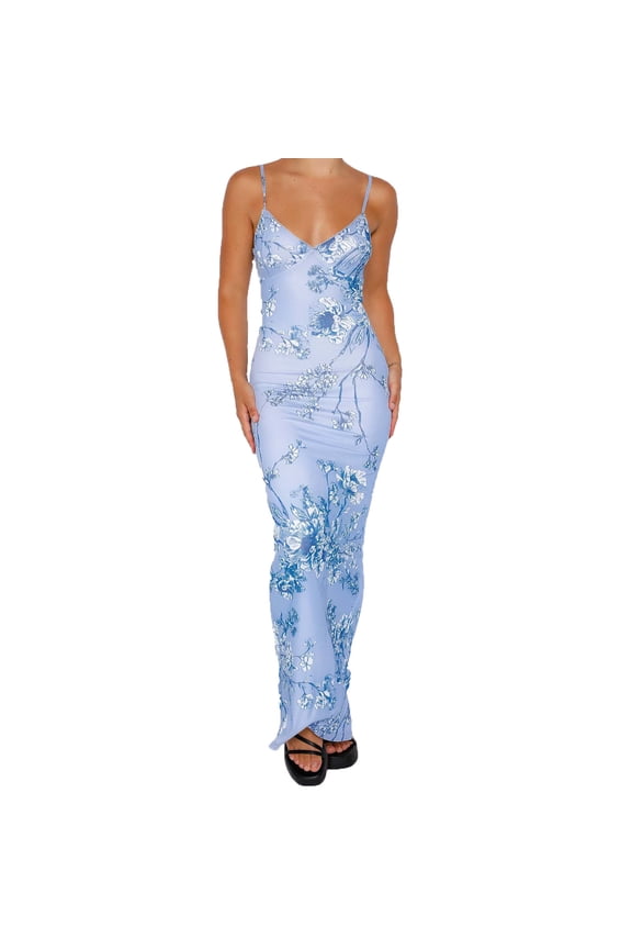 Women Sleeveless V Neck Maxi Dress Backless Slim Fit Floral Printed Spaghetti Strap Long Dress Holiday One-Piece Summer Dressy