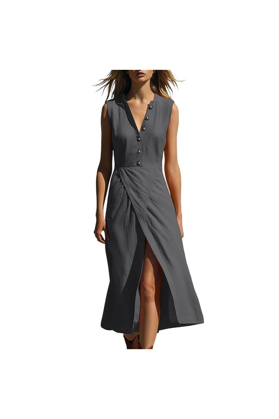 Women Sleeveless V Neck Maxi Dress Button Front High Waist Wrap Split Flowy Dress Summer Casual Vacation Sundresses