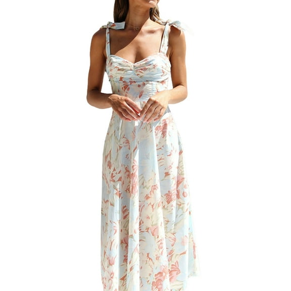 Women Sleeveless V-Neck Print Long Dress Casual Pleated A-Line Summer Elegant Tunic Maxi Slip Dress L