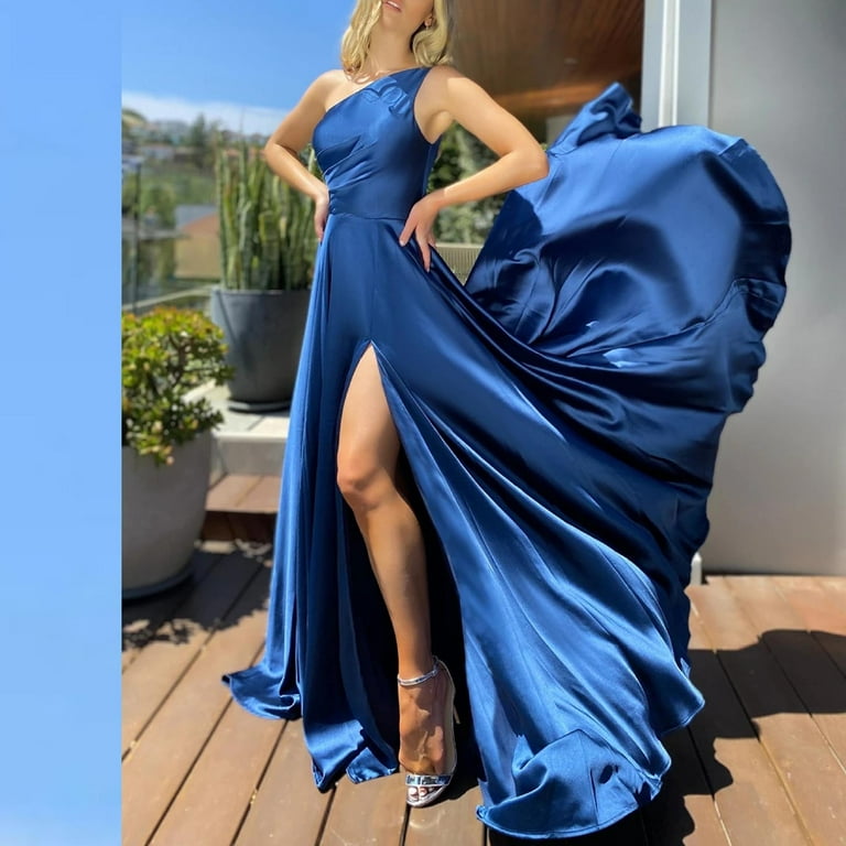 MIANHT Summer Dresses for Women Elegant Empire Waist Pleated Swing Slit One  Shoulder Long Dresses 2023 Casual Sleeveless Slash Neck Solid Maxi Dress  Blue XL 