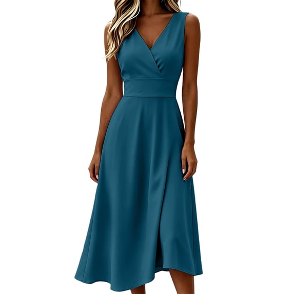 Women Sleeveless V Neck Wrap Midi Dress, High Waist Split Flowy A Line Sundress, Solid Color Elegant Casual Dress for Daily Vacation Party Ladies Summer Outfit Navy L(L)