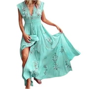 AKOEE Women Sleeveless V-neck Long Bohemian Dress Smocked Mexican Style Flower Print Beach Sun Vacation Maxi Dresses