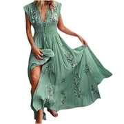 AKOEE Women Sleeveless V-neck Long Smocked Bohemian Mexican Style Flower Print Beach Sundress Vacation Maxi Dresses